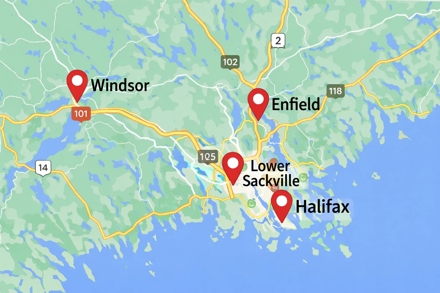 Sackville Driving School service area map showing Lower Sackville, Halifax, Windsor, and Enfield Nova Scotia
